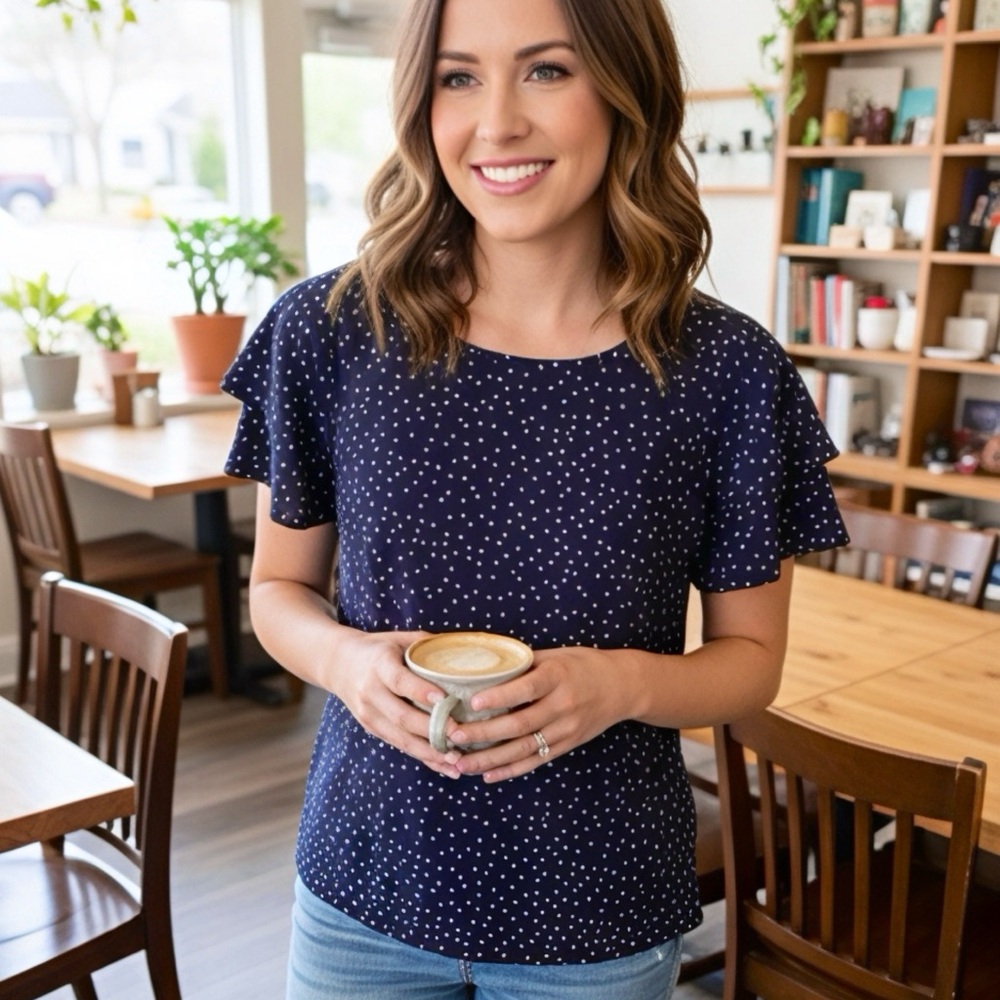 Navy Polka Dot Ruffle Sleeve Top - Picture 1 of 7